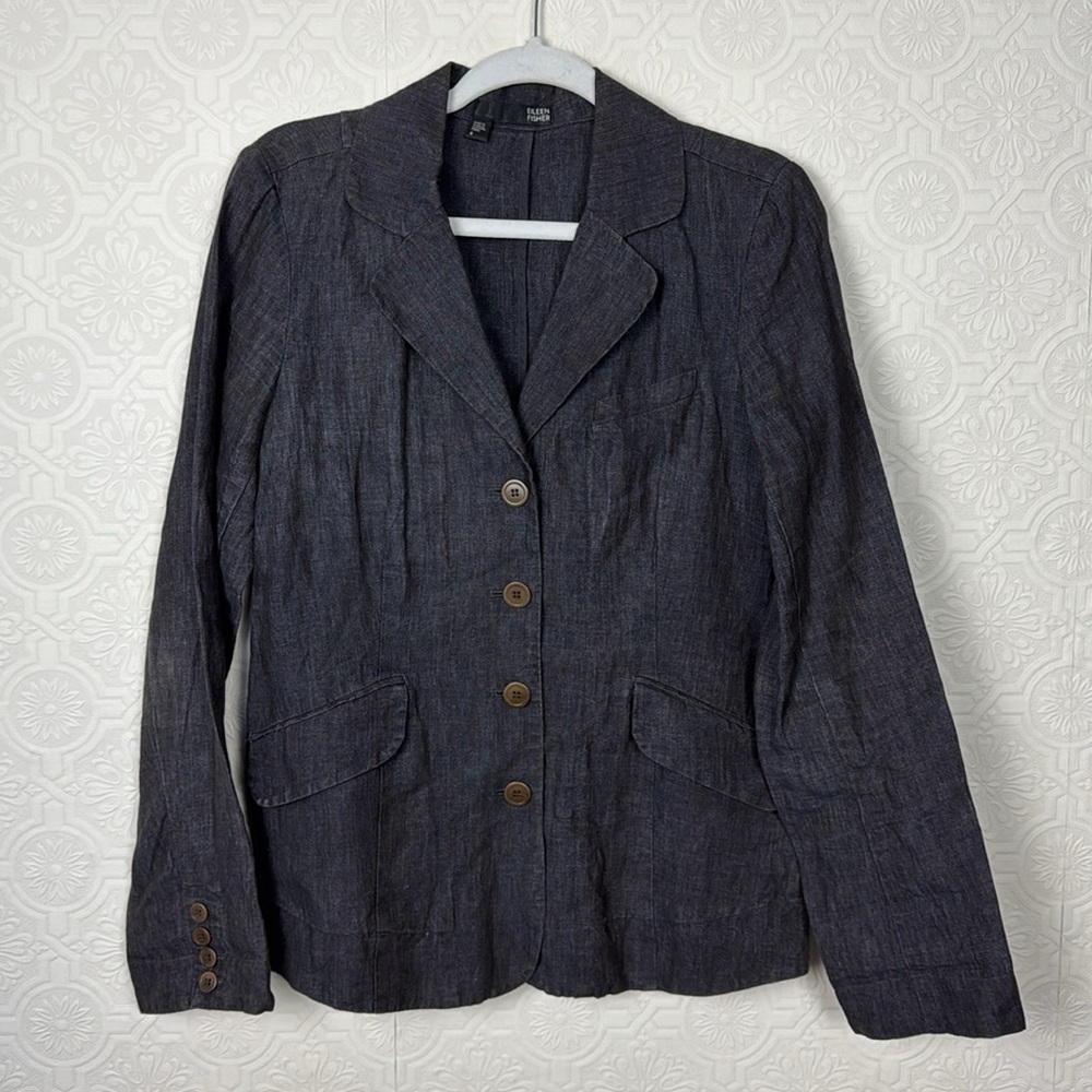 Eileen Fisher 100%‎ Linen Blazer Jacket Natural Dark Grey 6 Lagenlook Button Up